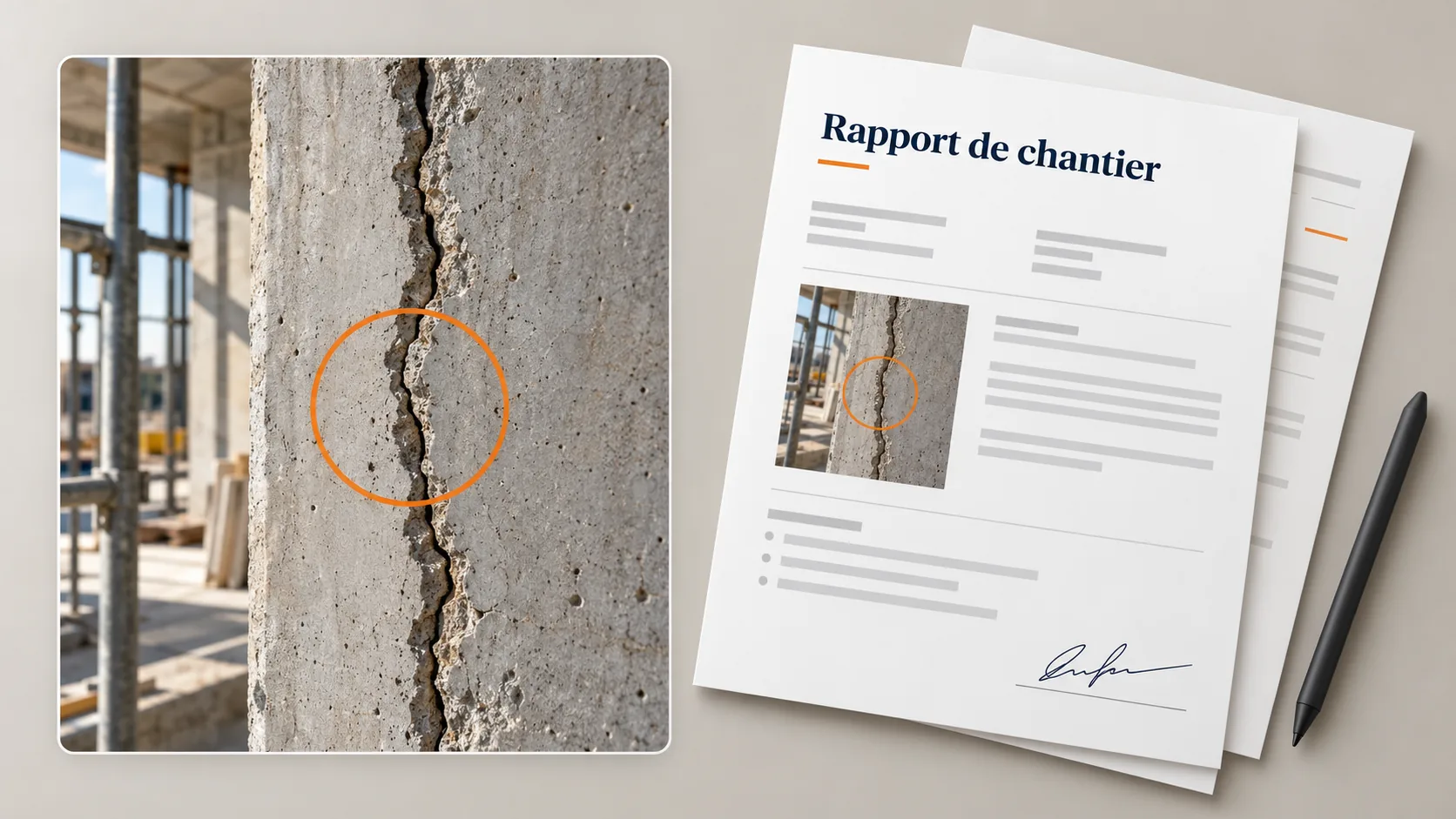 Illustration d'une fissure annotée et d'un rapport